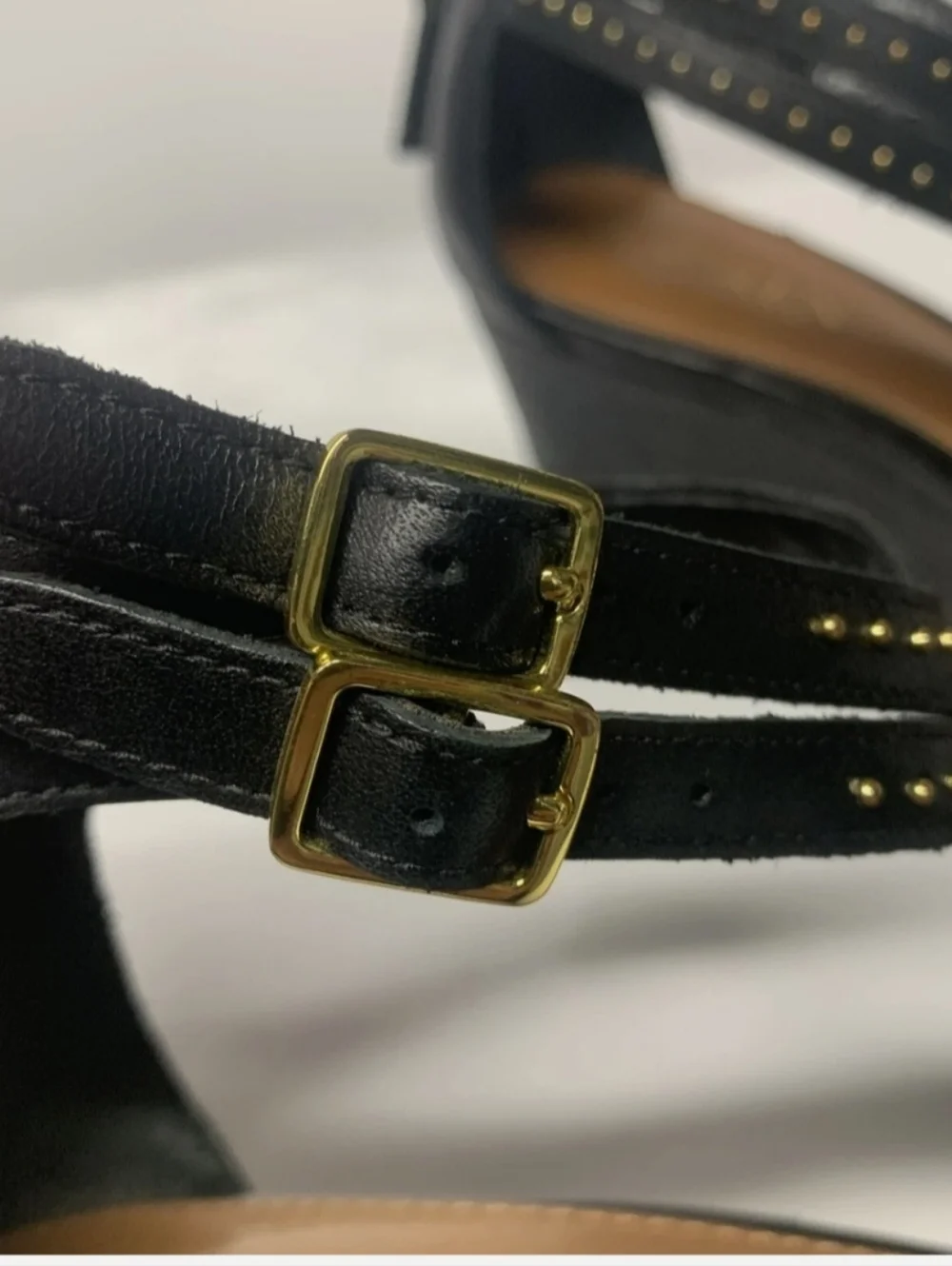 Ralph Lauren Black Braided T-Strap Wedge Sandals with Gold Studs